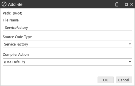 The Add File dialog box has fields complete for the Service Factory. File Name = ServiceFactory, Source Code Type = Service Factory, Compiler Action = (Use Default)